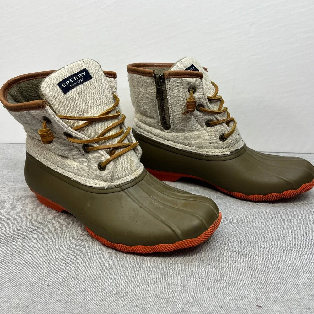 Sperry Saltwater Duck Boots Olive Green Oatmeal Canvas Orange Sole Womens 7.5